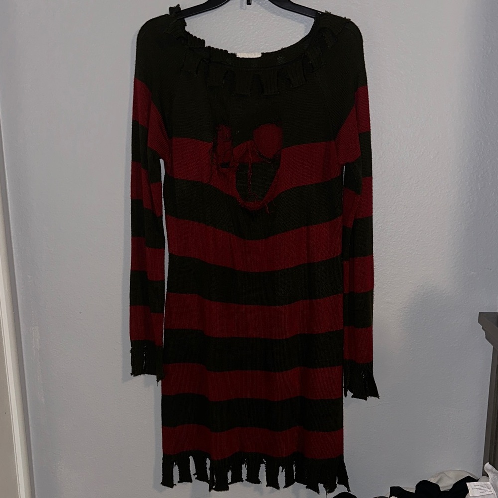Halloween Freddy Krueger dark red and green striped Long Sleeve Dress/costume